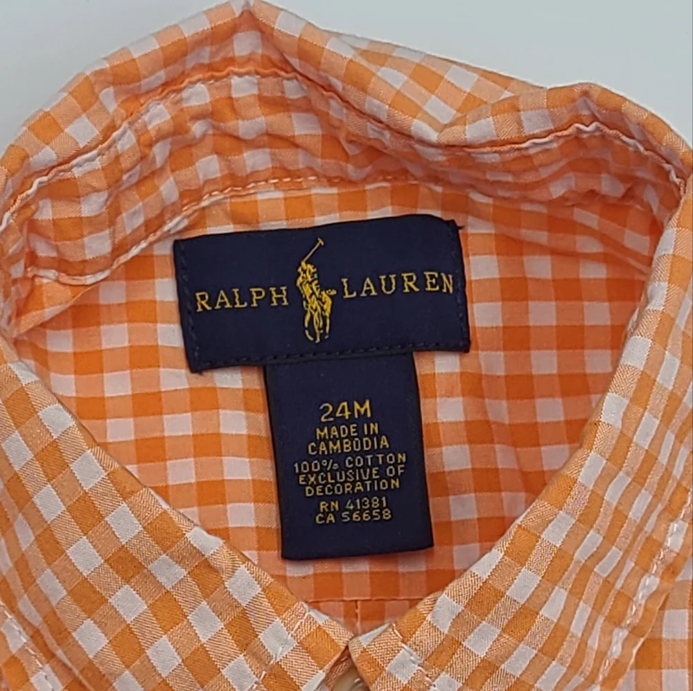 Ralph Lauren baby boy orange gingham button down shirt size 24 months